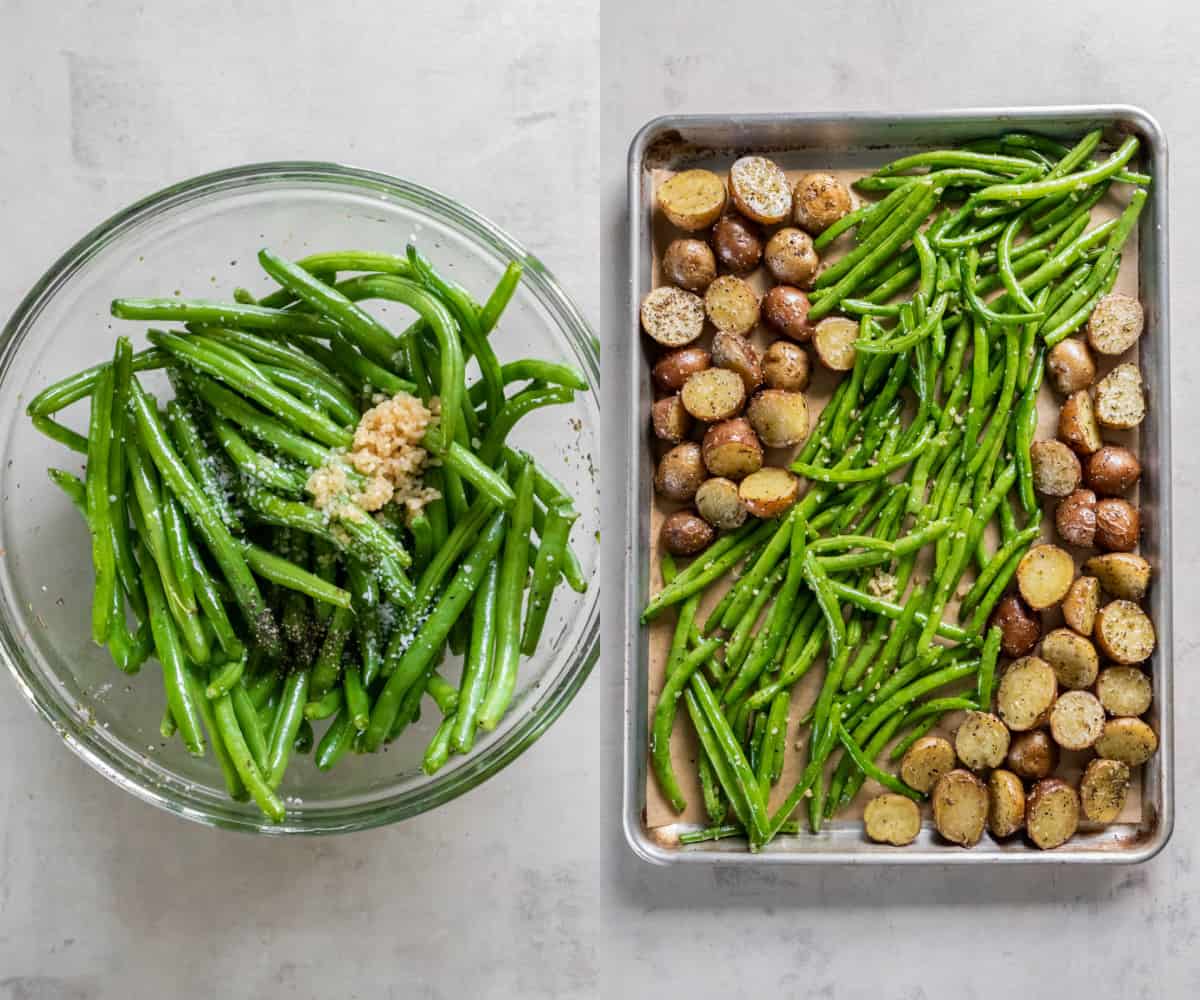 Green beans in a bowl with olive oil, garlic, salt and pepper. Then the green beans are added to a baking sheet with the potatoes for roasting.