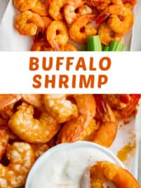 Cooked buffalo shrimp on a white plate with celery and blue cheese sauce for dipping.