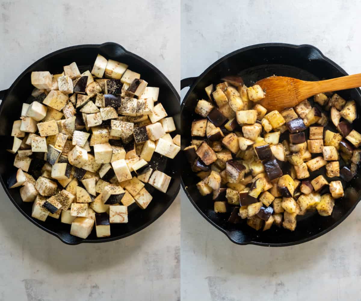Eggplant in a cast iron pan with the seasonings before and after cooking.