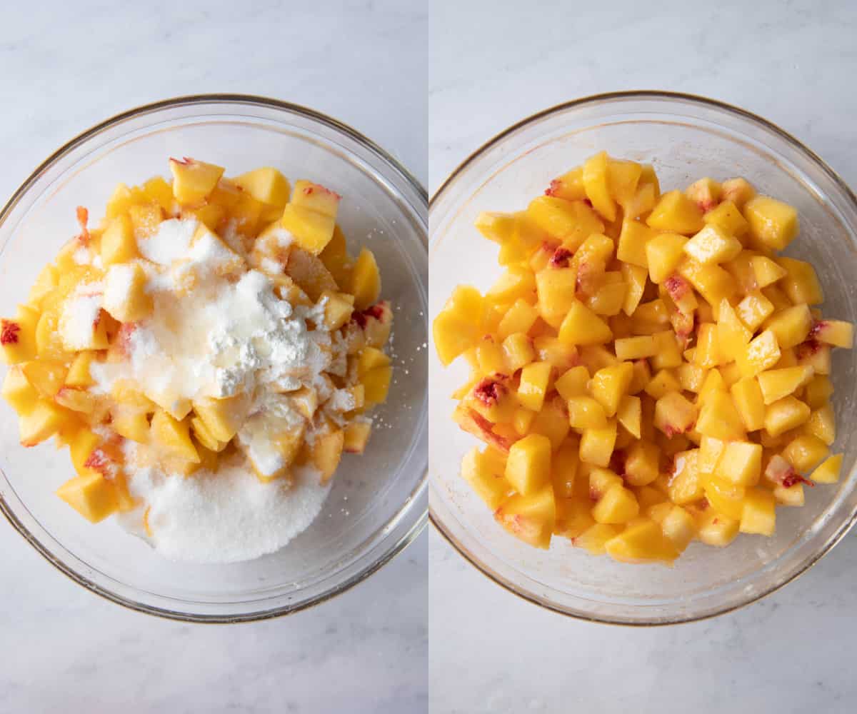 The chopped peaches are in a bowl with the sugar, cornstarch and lemon juice with two photos that show before and after mixing.