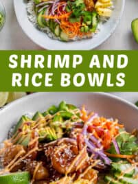 Bowls filled with Shrimp and Rice bowl ingredients like white rice, teriyaki shrimp, avocado, cucumber, pickled carrots and red onion.