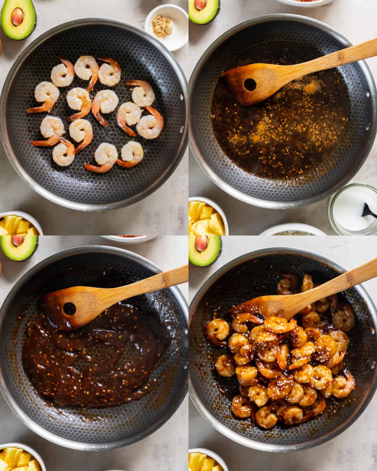 Cooking shrimp in the skillet with sauce and mixing it together before serving.