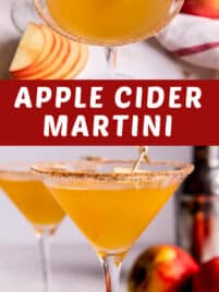A glass of apple cider martini sits on a white countertop ready to be served. Fresh apples sit on a white kitchen towel off to the side.