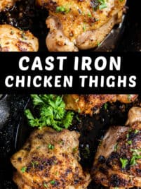 Crispy chicken thighs in a cast iron skillet ready for serving.