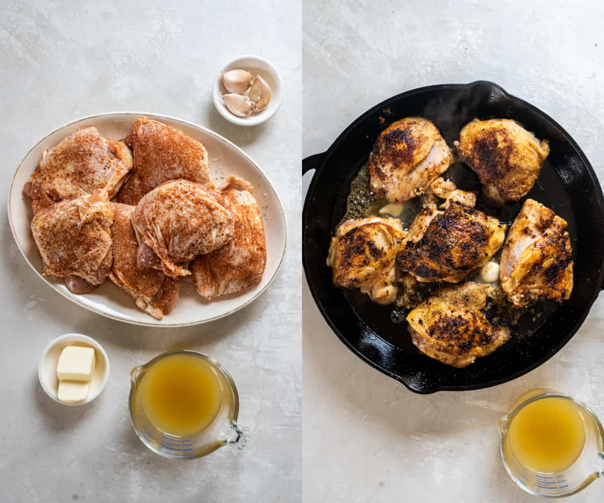 A collage of two process photos including the raw chicken thighs on a plate with the seasonings on top next to a photo with the chicken in the cast iron skillet.