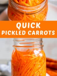 Two chopsticks removing quick pickled carrots from a jar for serving.