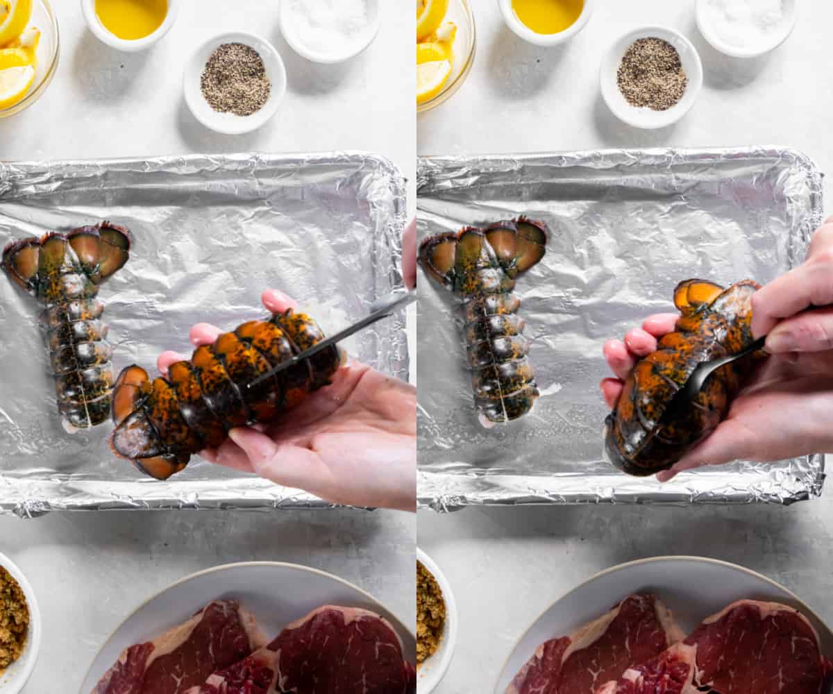 Cutting the lobster tails with scissors and then separating the meat from the shell with a spoon.