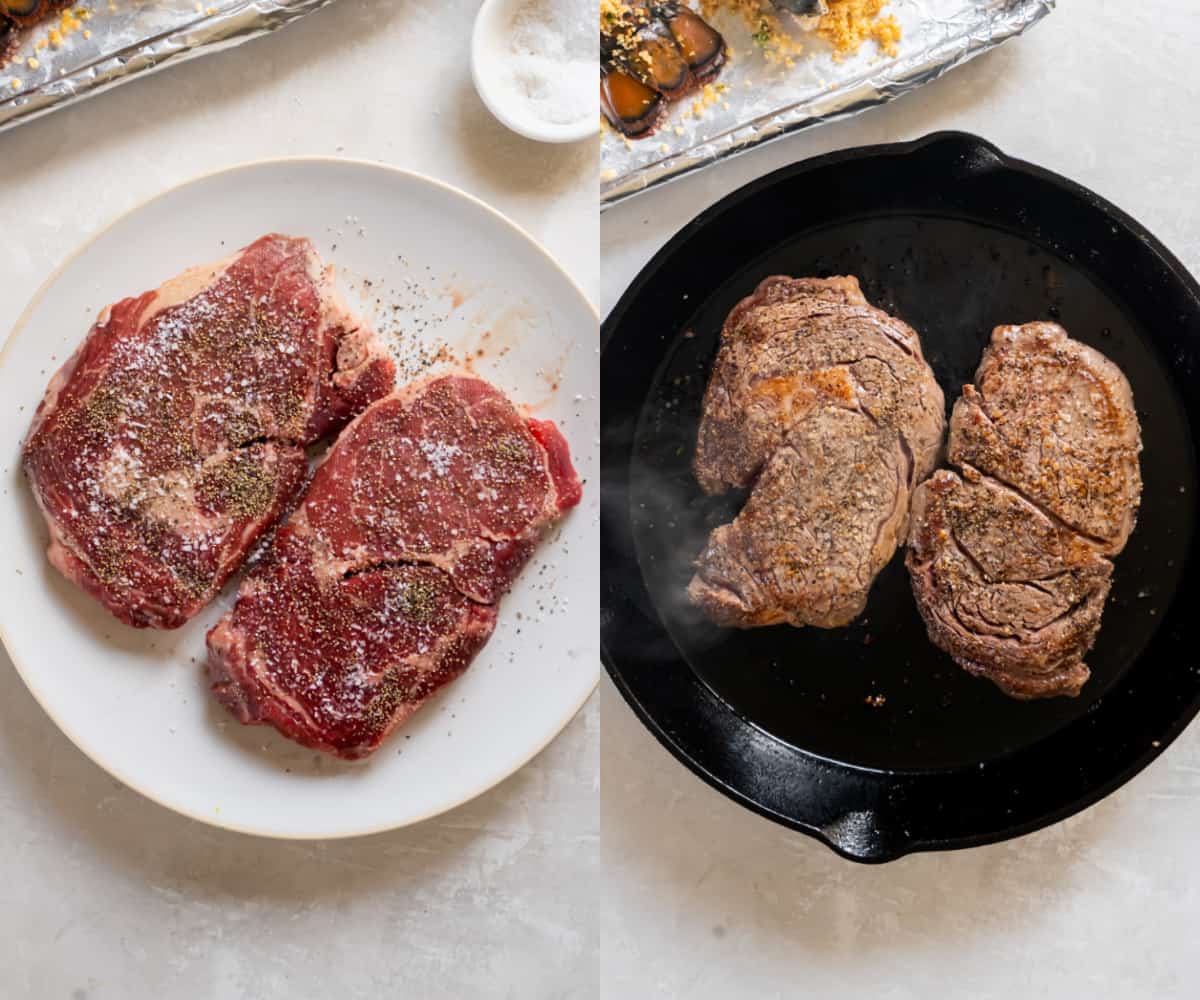 Seasoning the steak with salt and pepper on a white plate, then pan searing it in a cast iron pan.
