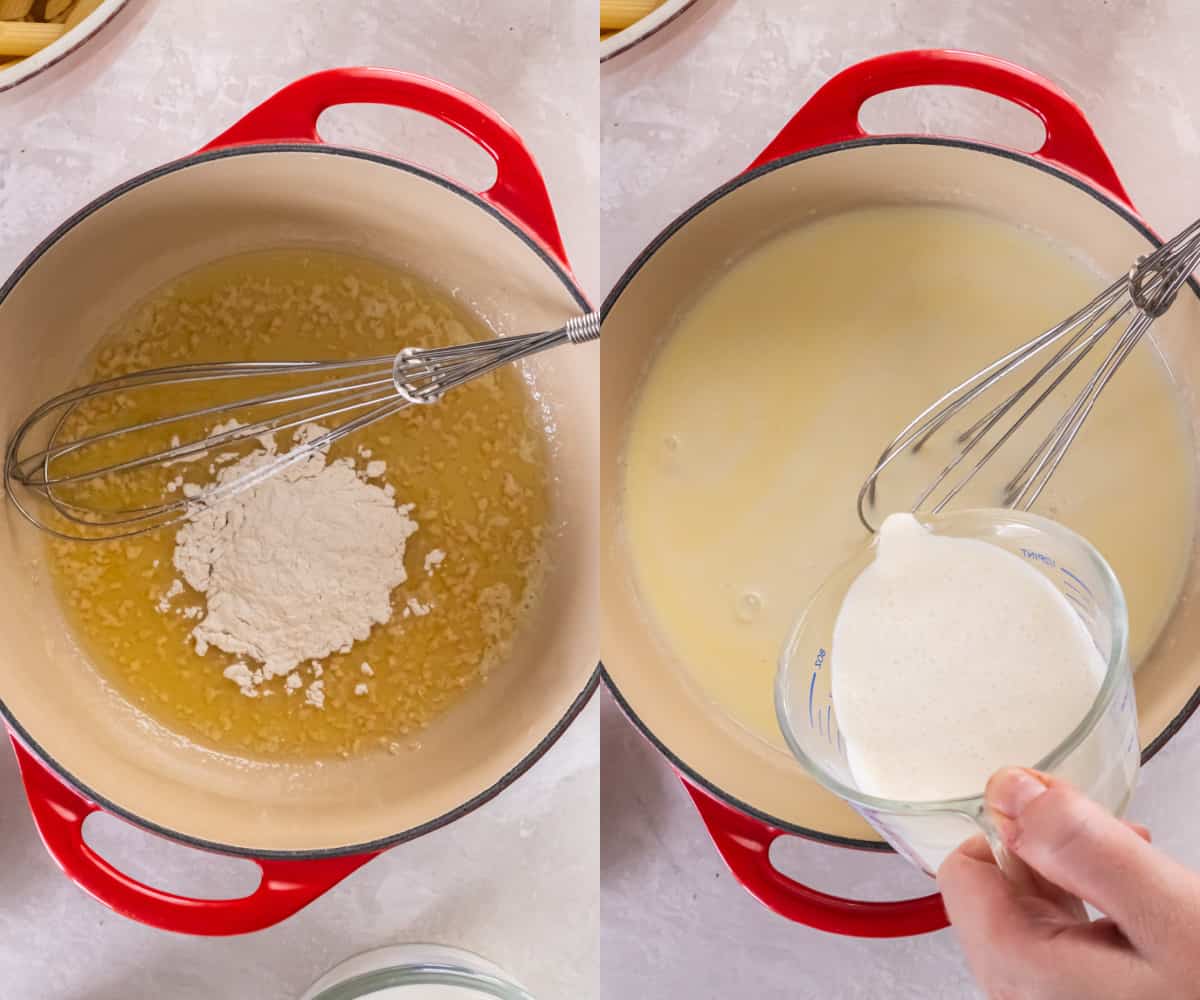 Melting the butter on the stove in a pasta pan before stirring in the flour, then adding the heavy cream and milk. 