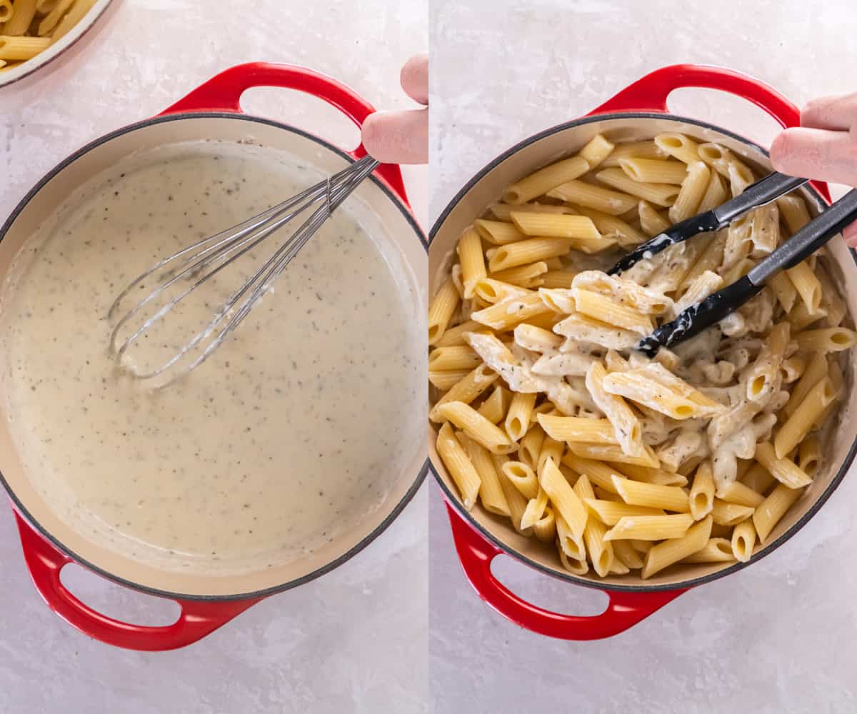 The cooked penne pasta is added to the pan with the alfredo sauce. It is mixed together with tongs before serving.