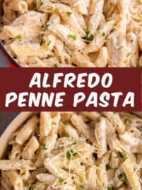 A large pot of alfredo penne pasta is garnished with shredded Parmesan and chopped parsley and is ready for serving.