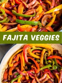 Cooked fajita veggies in a skillet ready for serving.