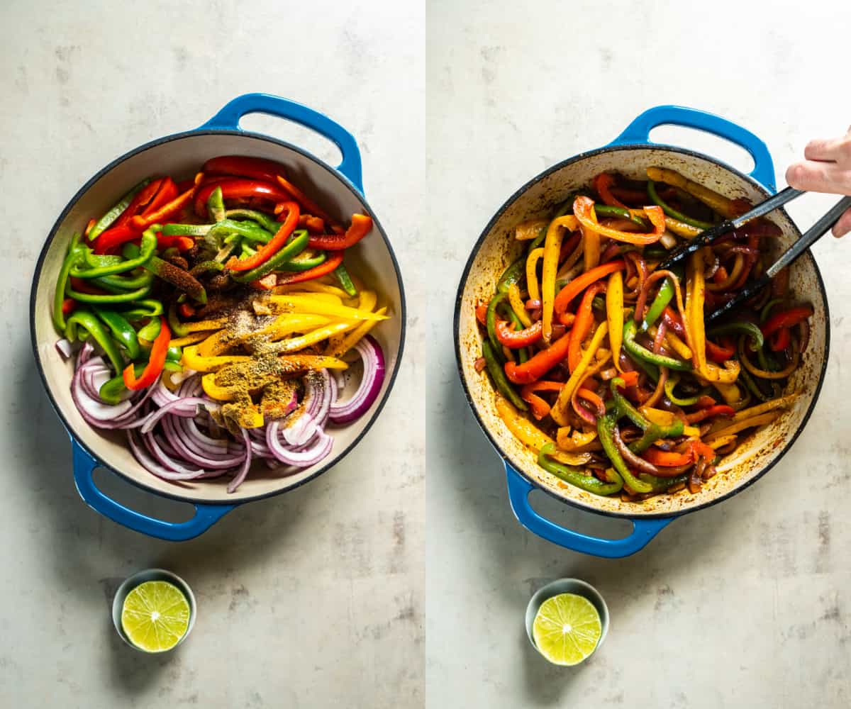 The sliced peppers and onions sit in an enameled cast iron skillet over olive oil with the spices sprinkled on top. 