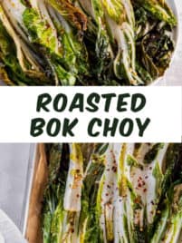 Roasted bok choy on a white plate for serving.