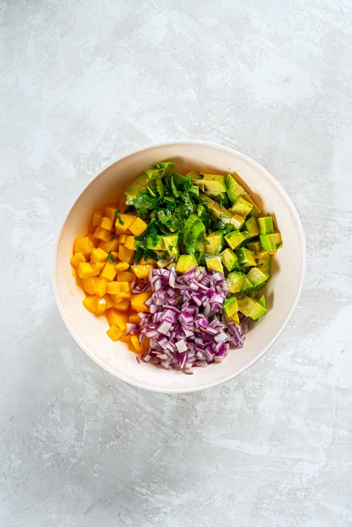Mango avocado salsa with red onion and cilantro in a bowl for shrimp tacos