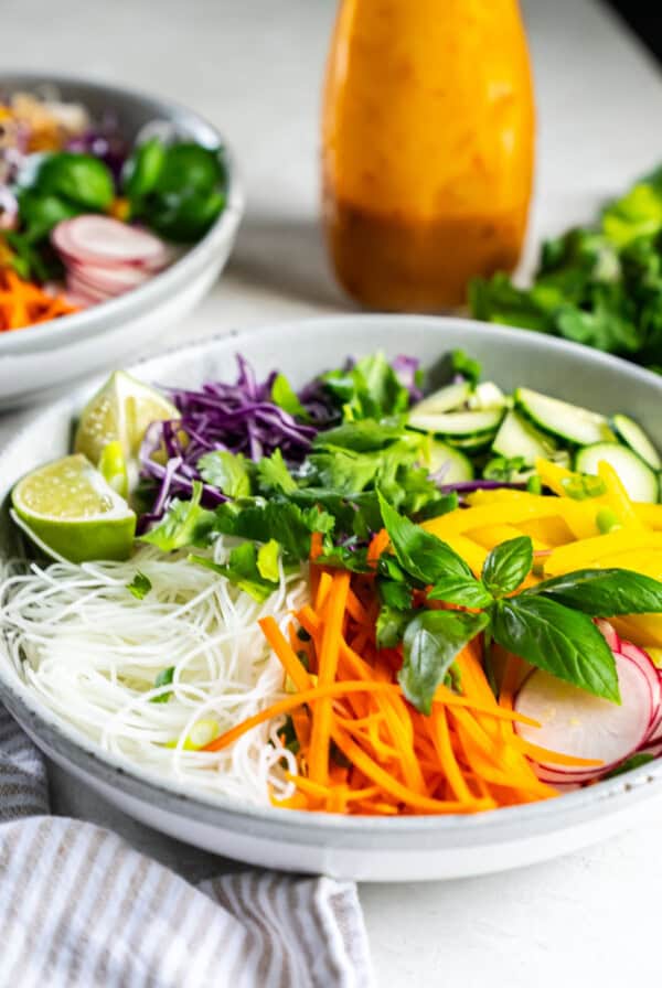 Close-up of a vibrant Spring Roll in a bowl filled with rice noodles, shredded carrots, red cabbage, cucumber, radish, yellow bell pepper, lime wedges, fresh herbs, and a sweet chili dressing bottle in the background.