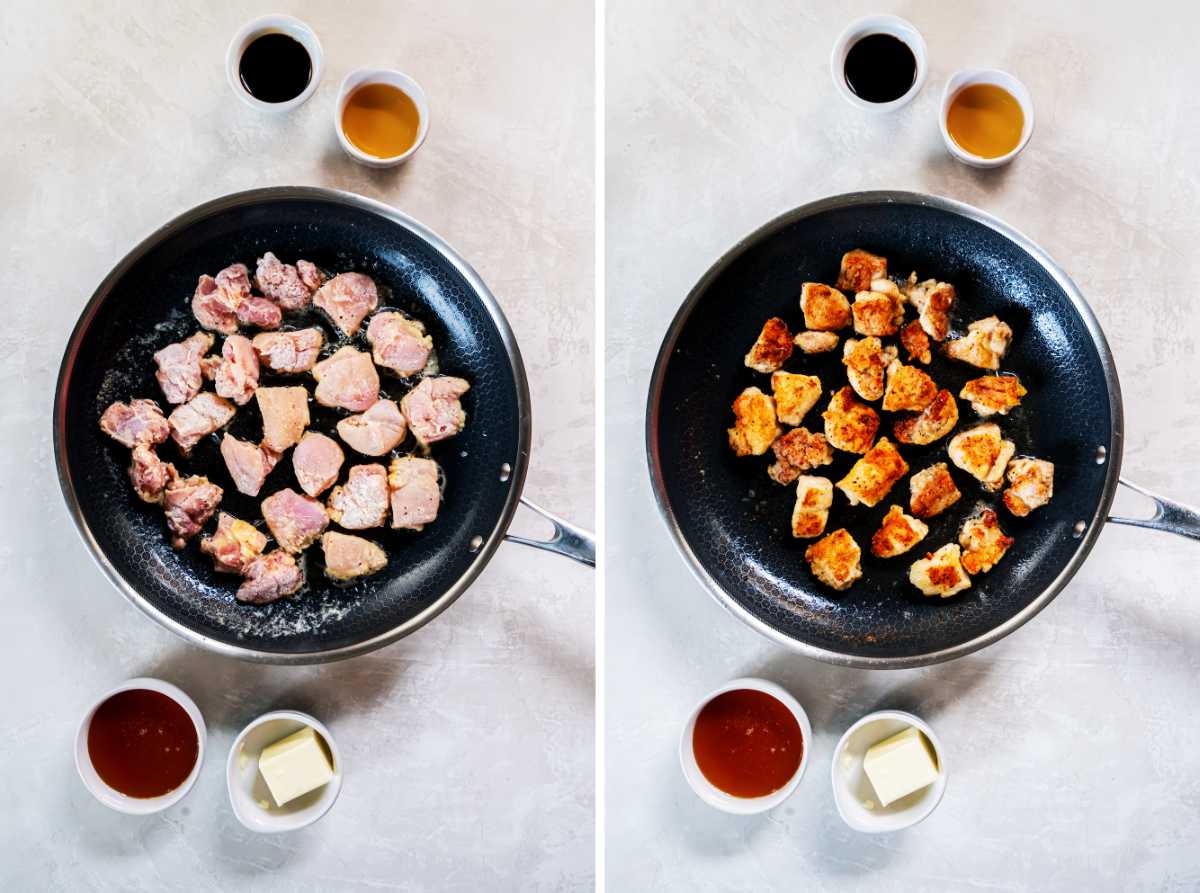 Chicken pieces searing in a skillet in a single layer, shown before and after turning golden and crispy.