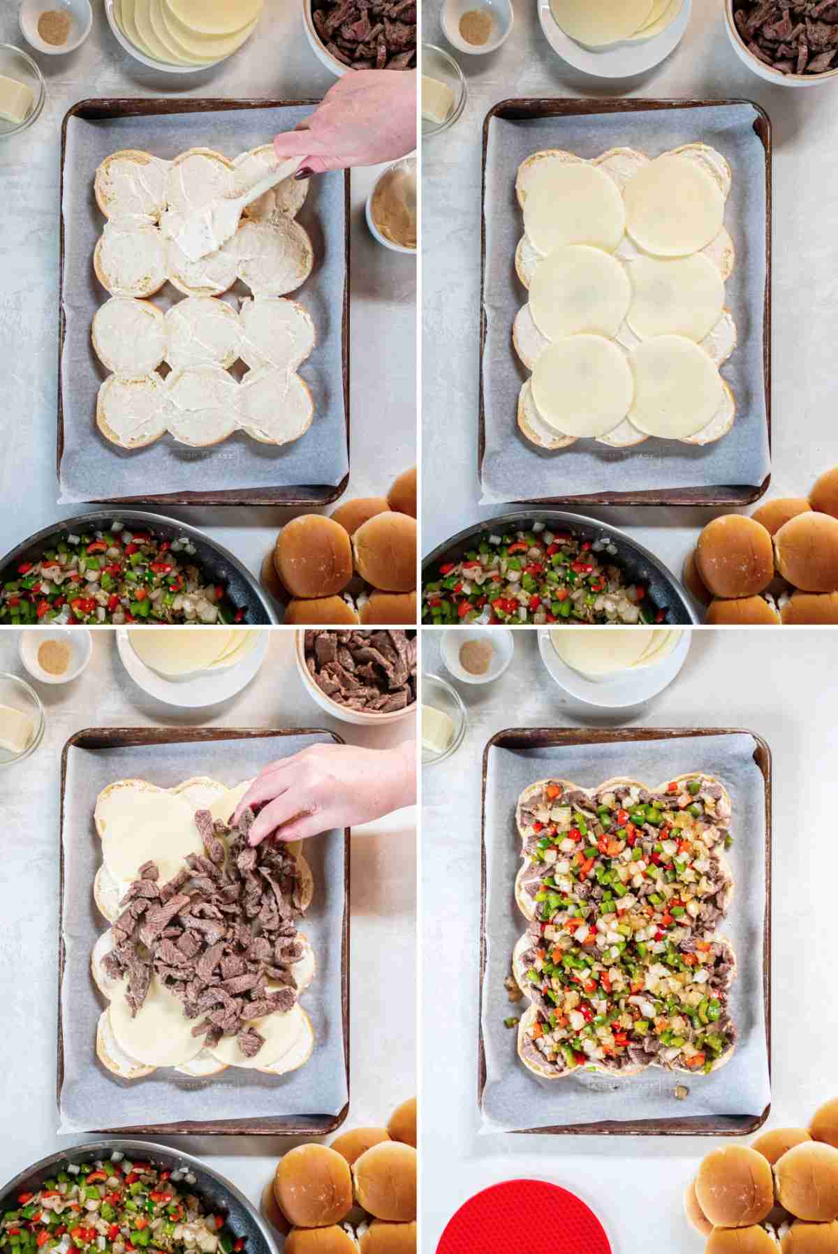 Layering steak, cheese, and vegetables on slider rolls before baking.