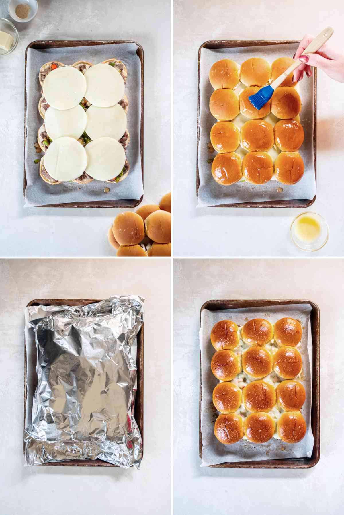 Brushing butter on rolls and covering sliders with foil before baking.