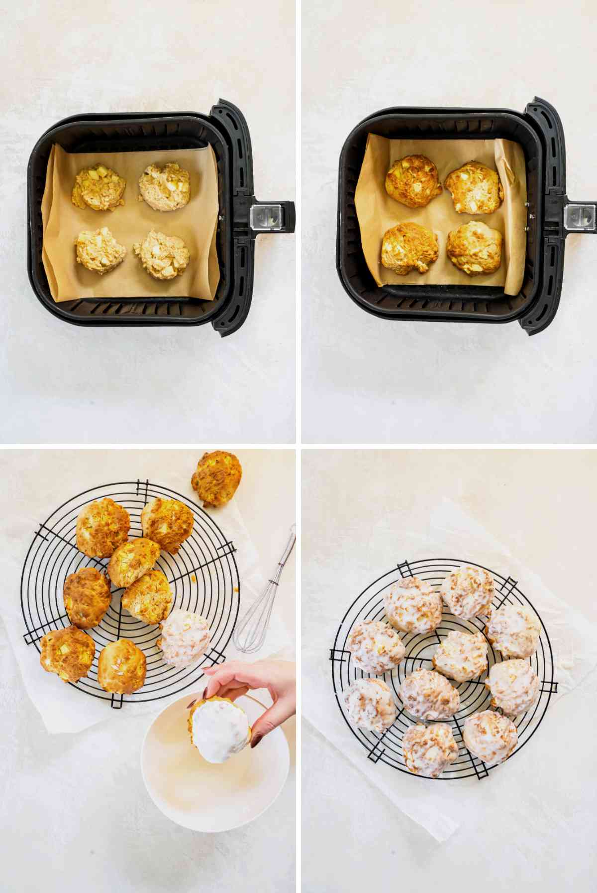 Air fryer basket with scooped fritter batter before cooking, plus golden cooked fritters being glazed on a cooling rack.