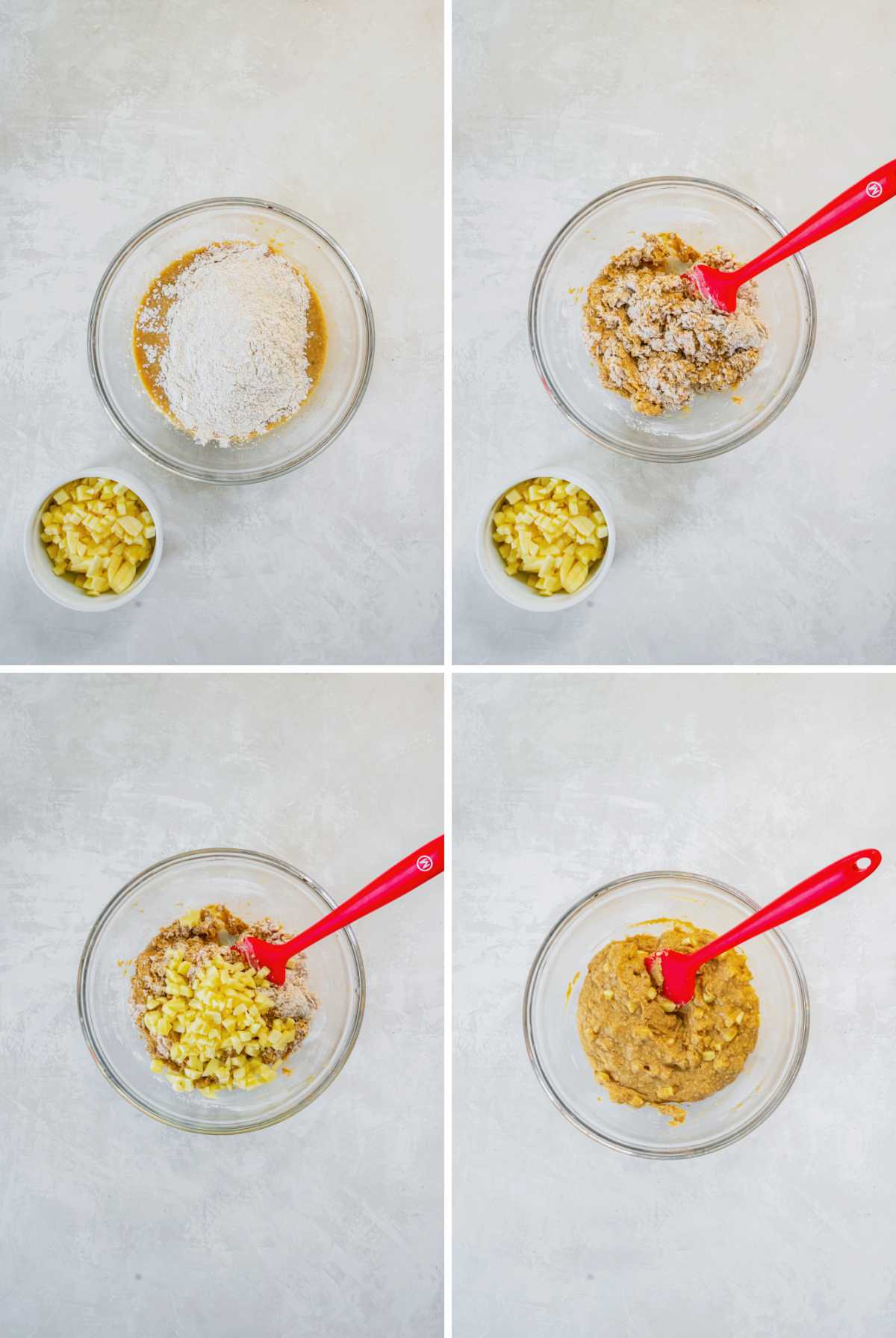 Step-by-step visuals of combining dry ingredients with the wet mixture and folding in diced apples to form a thick fritter batter.