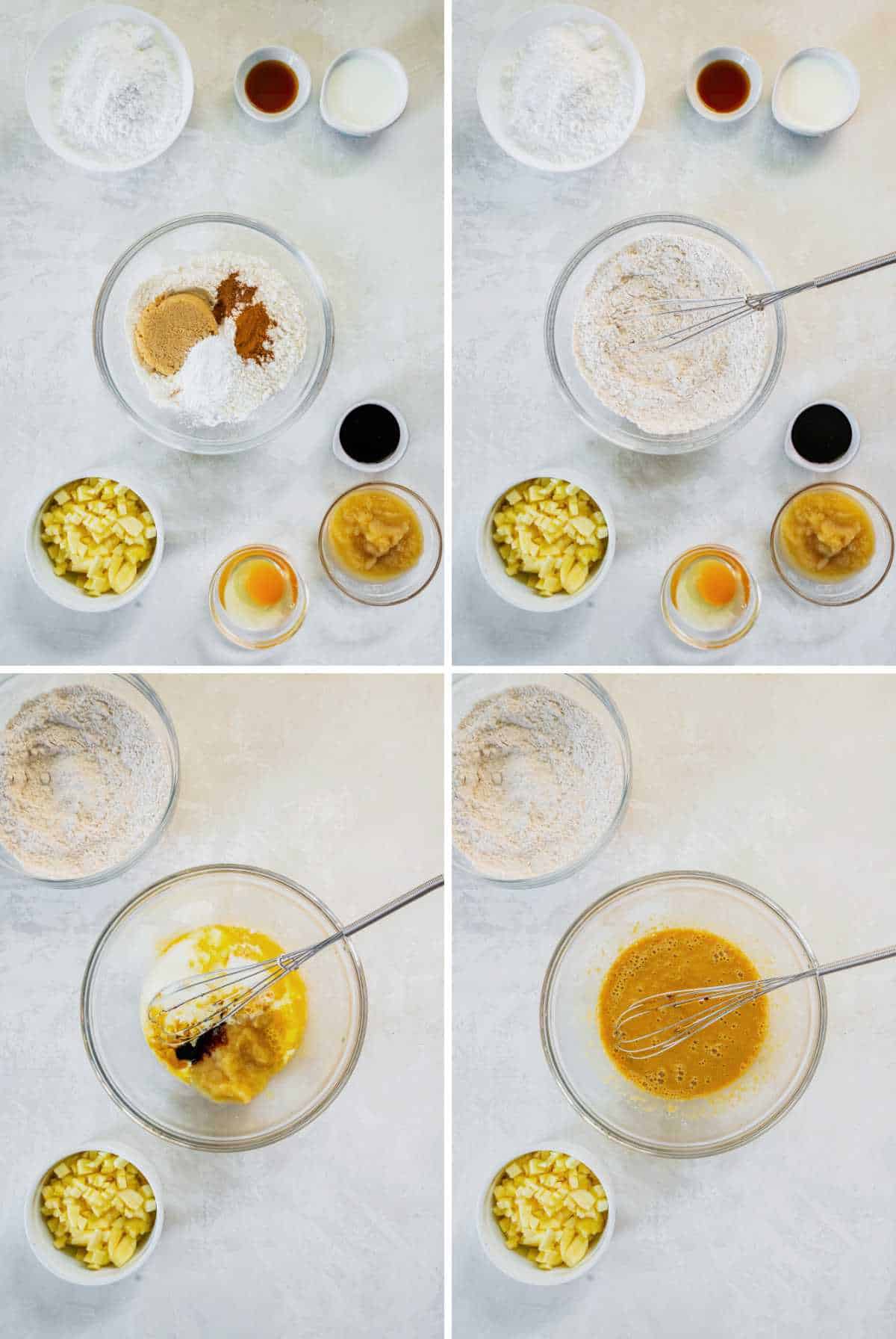 Step-by-step mixing process for applesauce fritters, showing dry ingredients whisked together, wet ingredients combined, and the batter coming together before adding apples.