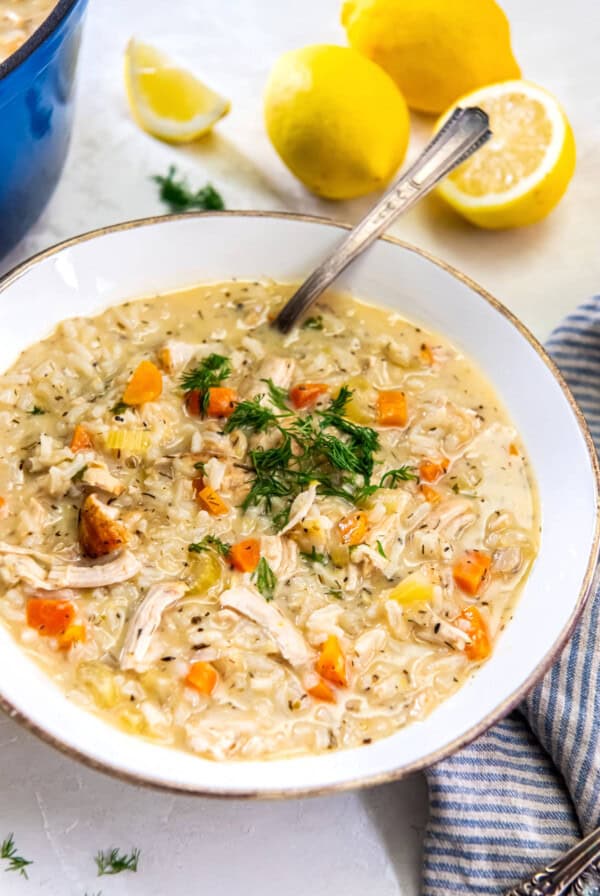 Steps showing vegetables sautéing, garlic and herbs added to the pot, and broth poured in to build the base of the soup.