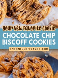 Chocolate chip Biscoff cookies drizzled with cookie butter, including a close up cookie with a bite taken out and text that reads Chocolate Chip Biscoff Cookies