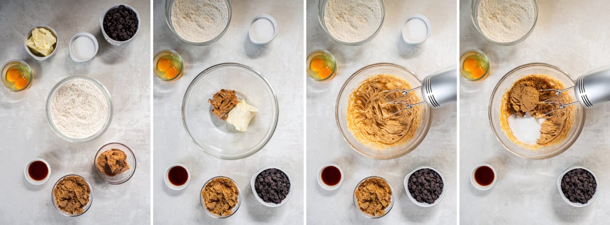 step by step photos showing how to make chocolate chip cookie butter cookie dough by mixing butter, cookie butter, eggs, dry ingredients, and chocolate chips.