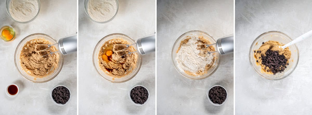 photos displaying ingredients for chocolate chip cookie butter cookies and the mixing steps for combining butter, cookie butter, sugars, and eggs.