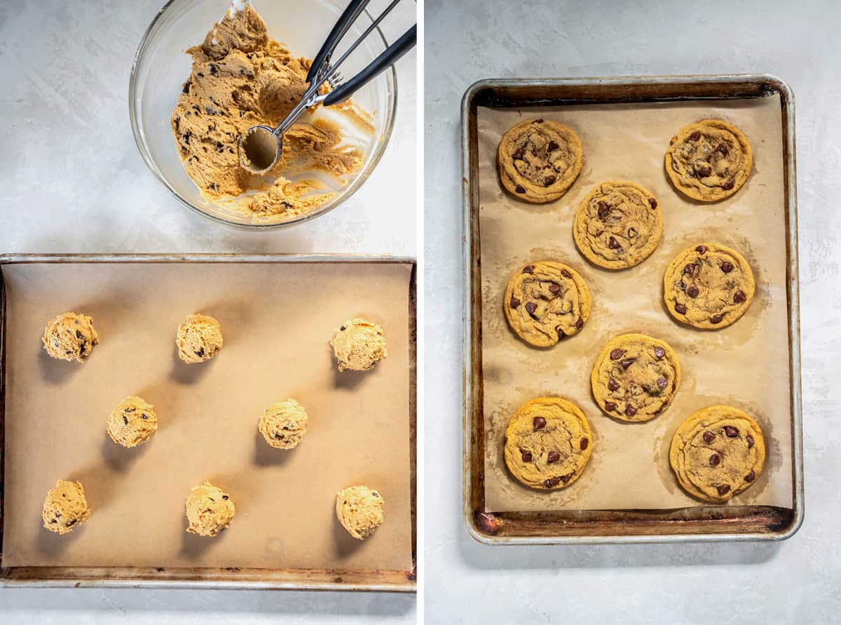 process photos showing scooped cookie butter cookie dough on a baking sheet and the baked chocolate chip Biscoff cookies after coming out of the oven.