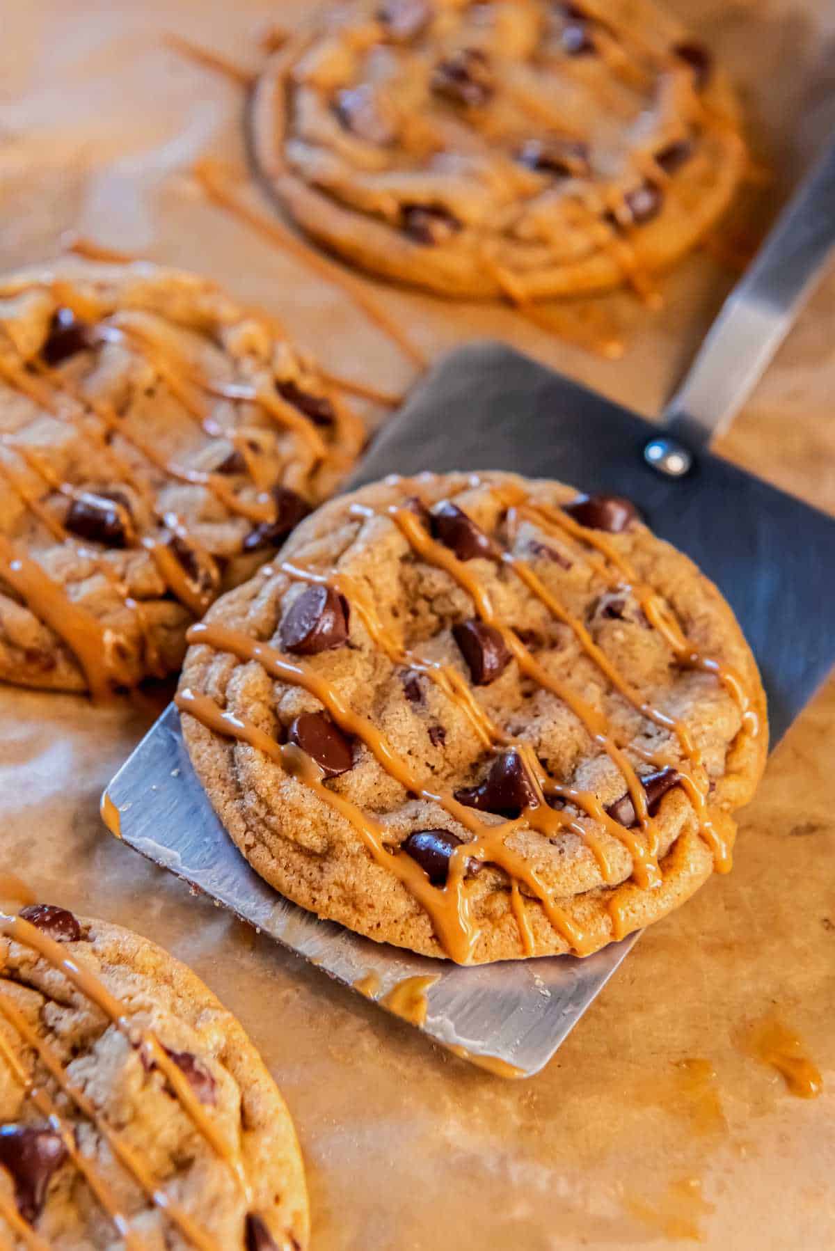 chocolate chip Biscoff cookie lifted with a spatula and topped with cookie butter drizzle.