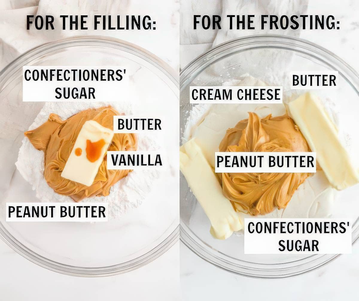 Ingredients for peanut butter frosting and filling including butter, cream cheese, peanut butter and powdered sugar