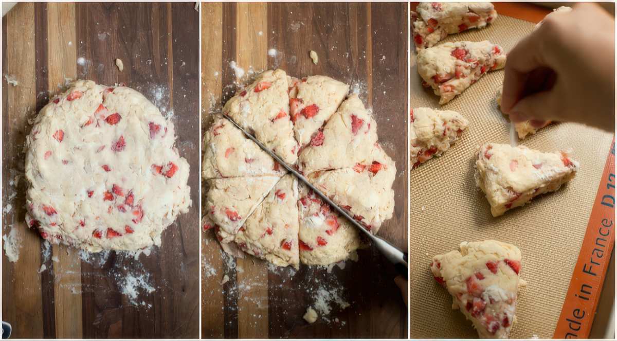 Strawberry scone dough shaped into a circle and cut into triangles before baking