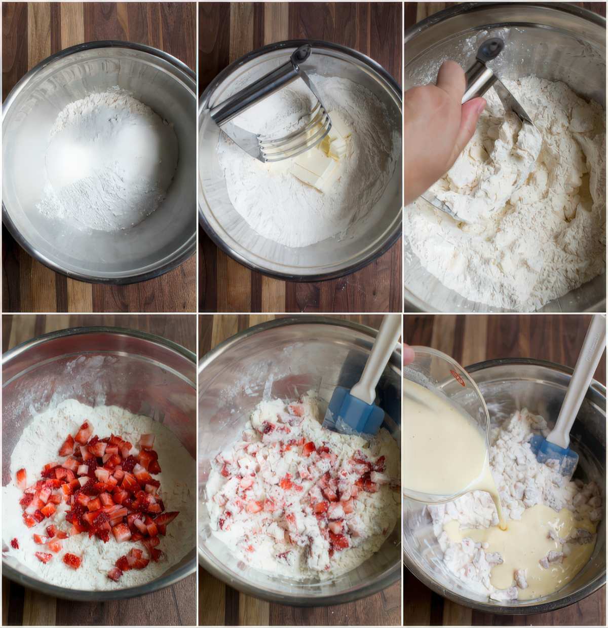 Flour and butter mixed with fresh strawberries to make strawberry scone dough