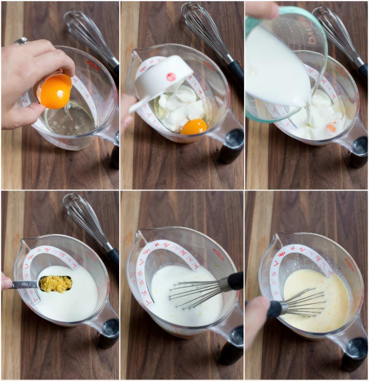 Mixing wet ingredients for strawberry scones including egg, cream and flavoring