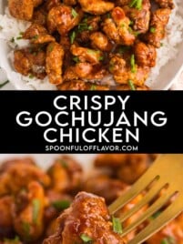 Collage of Crispy Gochujang Chicken served over rice with sticky Korean-style sauce and a fork holding a crispy chicken bite coated in glossy gochujang sauce.