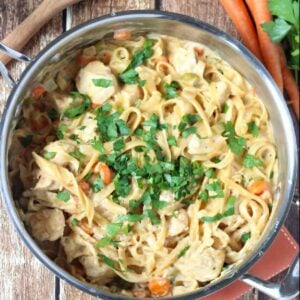 One pot creamy chicken pasta in a skillet topped with fresh parsley and surrounded by carrots and celery.