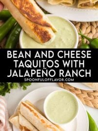 Crispy bean and cheese taquitos dipped in jalapeño ranch sauce with a plate of taquitos in the background
