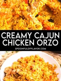 Creamy Cajun chicken orzo made with tender chicken thighs, orzo pasta, red bell peppers, and a rich Cajun-seasoned sauce.