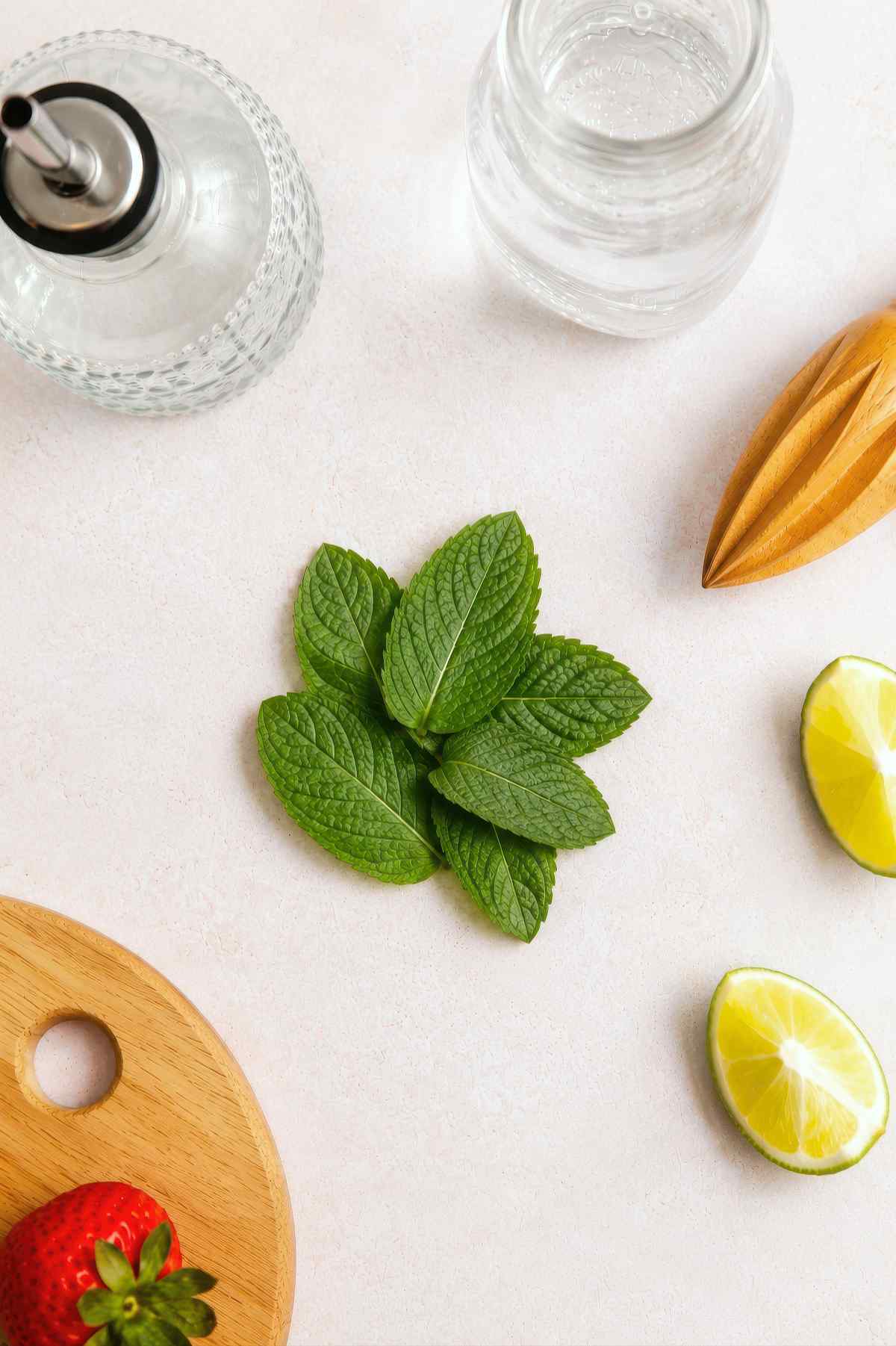 Fresh mint leaves arranged on a countertop for making a strawberry mojito cocktail.