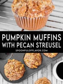 Pumpkin Muffins with Pecan Streusel featuring soft pumpkin muffins topped with a crunchy cinnamon pecan streusel and baked until golden brown.