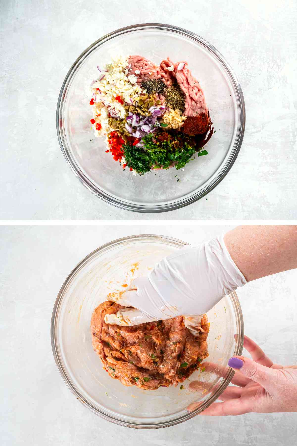 Ground turkey, feta, olives, red onion, red bell pepper, herbs, garlic, and spices in a mixing bowl before combining.