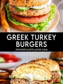Greek turkey burgers with lettuce, tomato, cucumber, and tzatziki on sesame buns, including one burger cut in half to show the cooked patty.