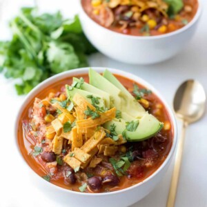 Slow cooker chicken enchilada soup with shredded chicken, black beans, corn, avocado, tortilla strips, and cilantro.