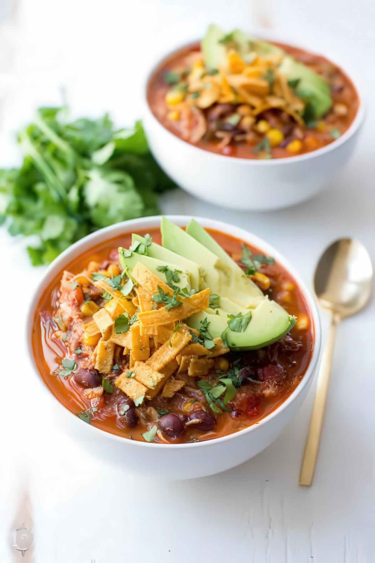 Slow cooker chicken enchilada soup with shredded chicken, black beans, corn, avocado, tortilla strips, and cilantro.