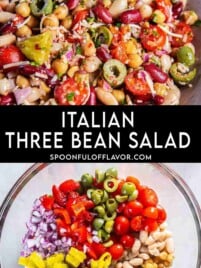 Italian three bean salad with chickpeas, cannellini beans, kidney beans, tomatoes, olives, roasted red peppers, pepperoncini, and Parmesan.