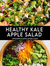 Overhead view of kale apple salad with crisp apples, broccoli, feta, carrots, cranberries, and pumpkin seeds.
