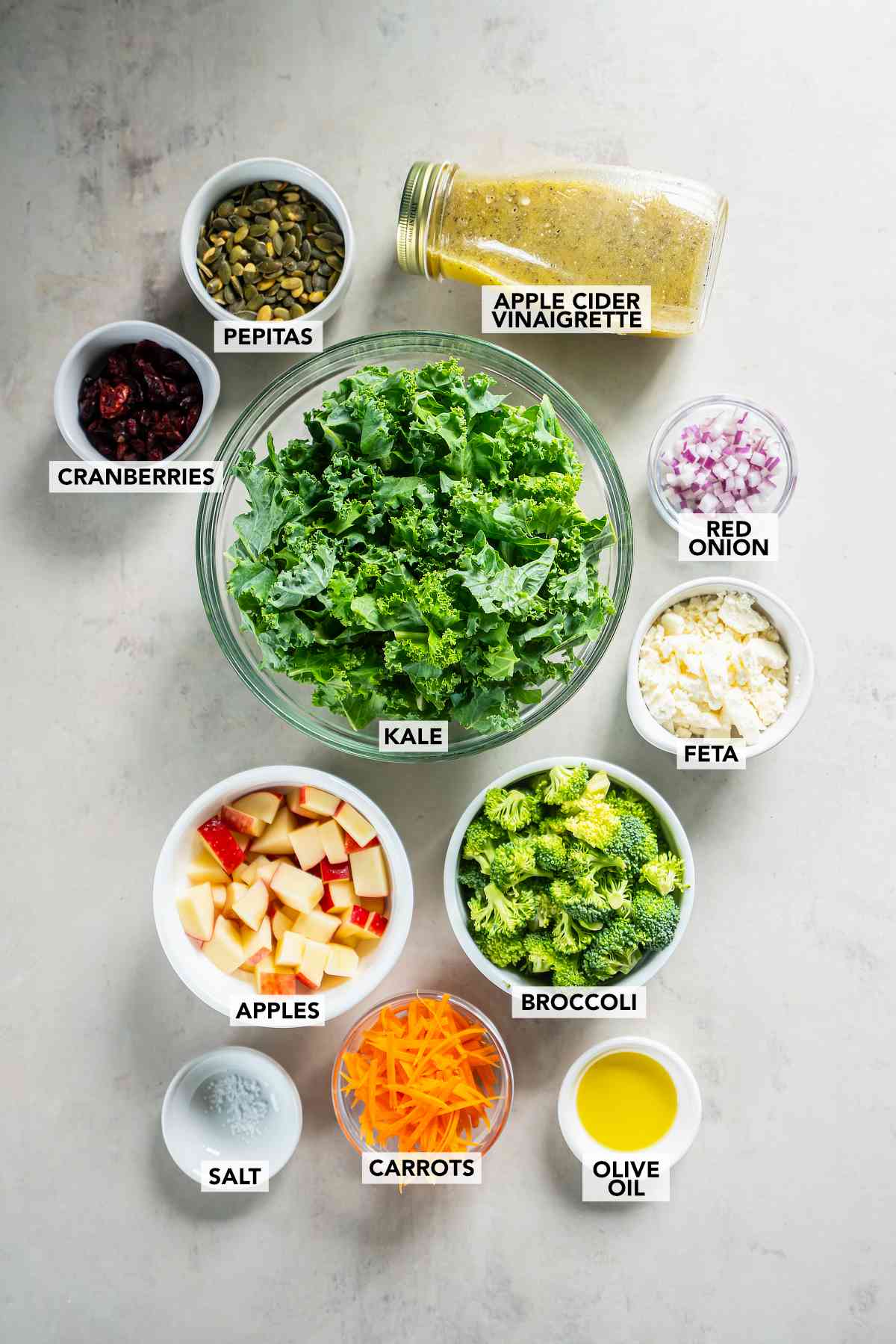 Labeled ingredients for kale apple salad, including kale, apples, broccoli, carrots, feta, cranberries, pepitas, red onion, and vinaigrette.