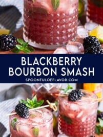 Collage of blackberry cocktails garnished with mint, with text reading “Blackberry Bourbon Smash” and “SpoonfulofFlavor.com.”